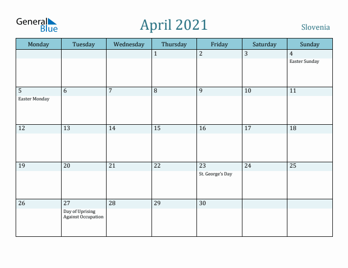 April 2021 Calendar with Holidays