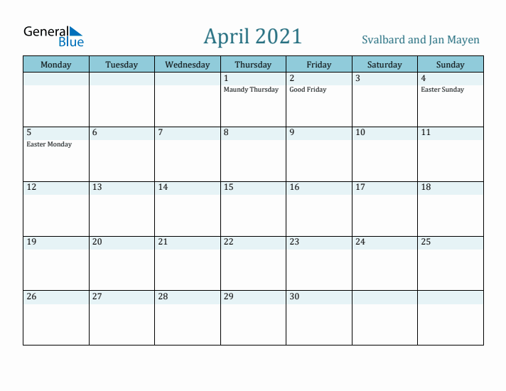 April 2021 Calendar with Holidays