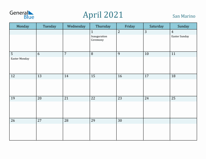 April 2021 Calendar with Holidays