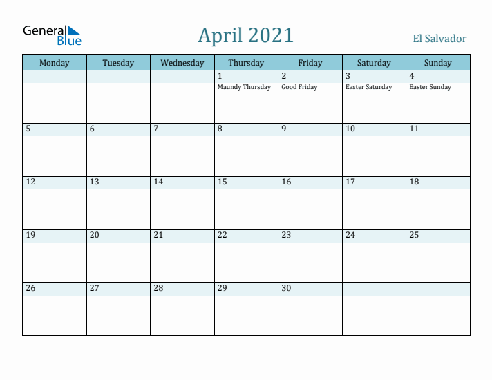 April 2021 Calendar with Holidays