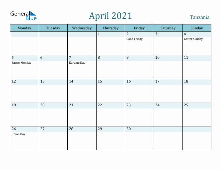 April 2021 Calendar with Holidays