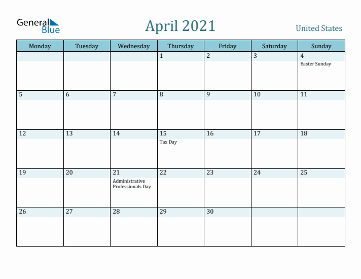 April 2021 Calendar with Holidays