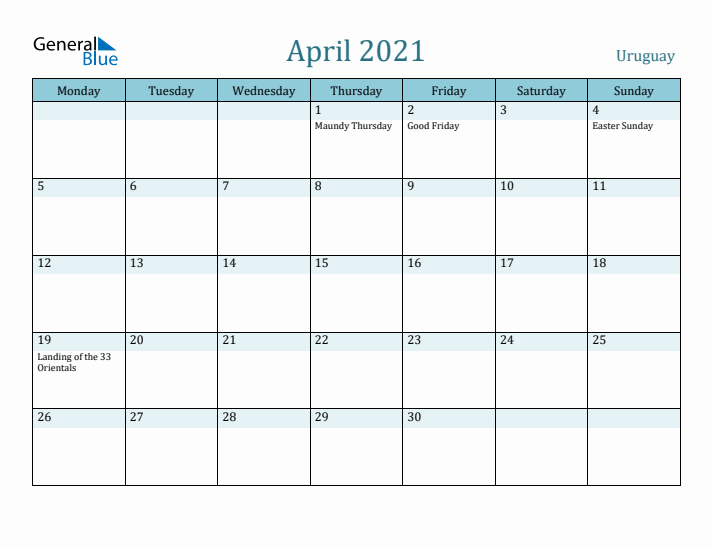 April 2021 Calendar with Holidays