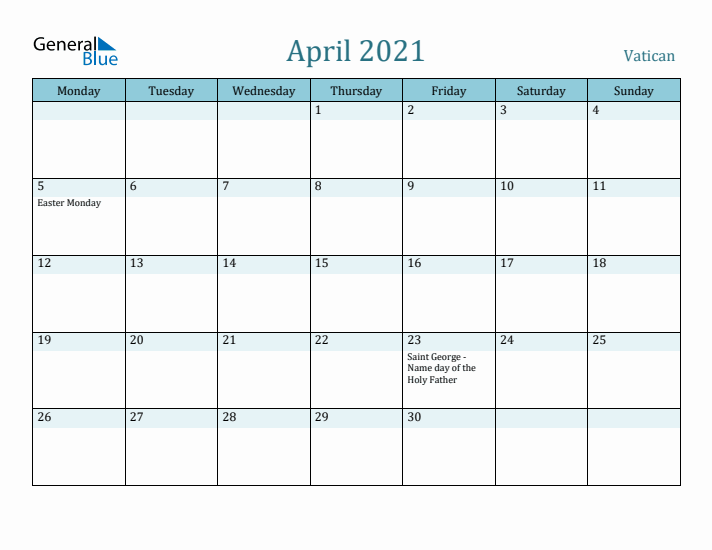 April 2021 Calendar with Holidays