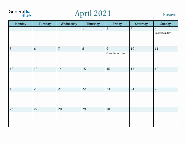 April 2021 Calendar with Holidays