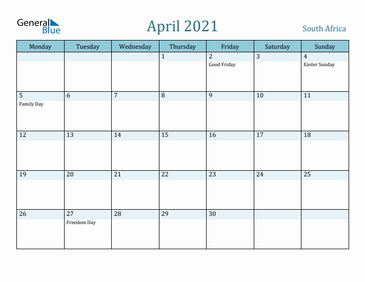 April 2021 Calendar with Holidays