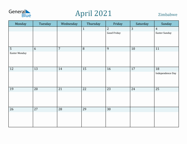 April 2021 Calendar with Holidays