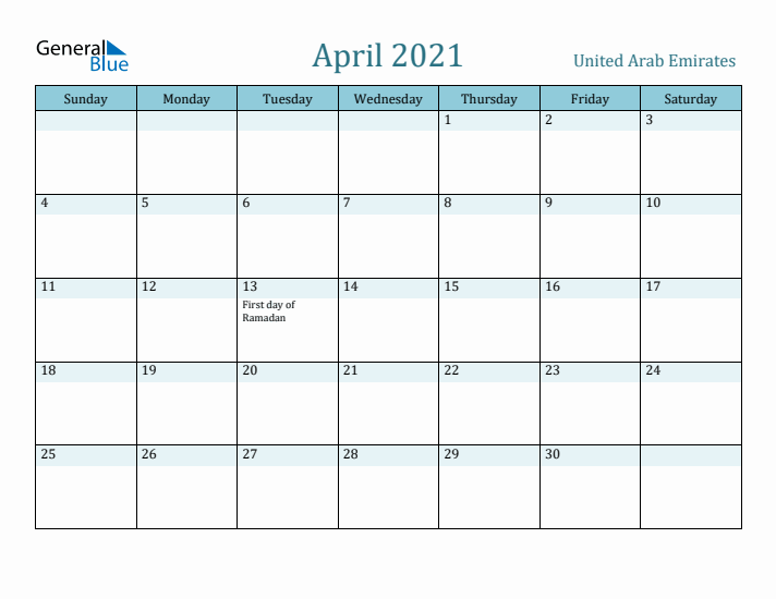 April 2021 Calendar with Holidays