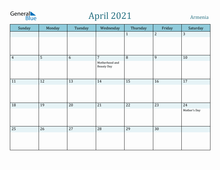 April 2021 Calendar with Holidays