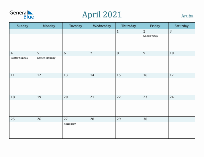 April 2021 Calendar with Holidays