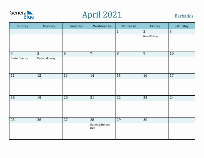 April 2021 Calendar with Holidays