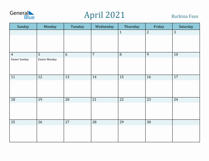 April 2021 Calendar with Holidays