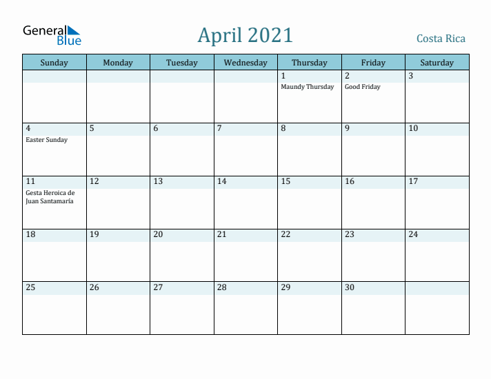 April 2021 Calendar with Holidays