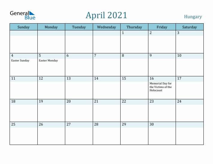 April 2021 Calendar with Holidays