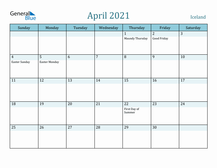 April 2021 Calendar with Holidays