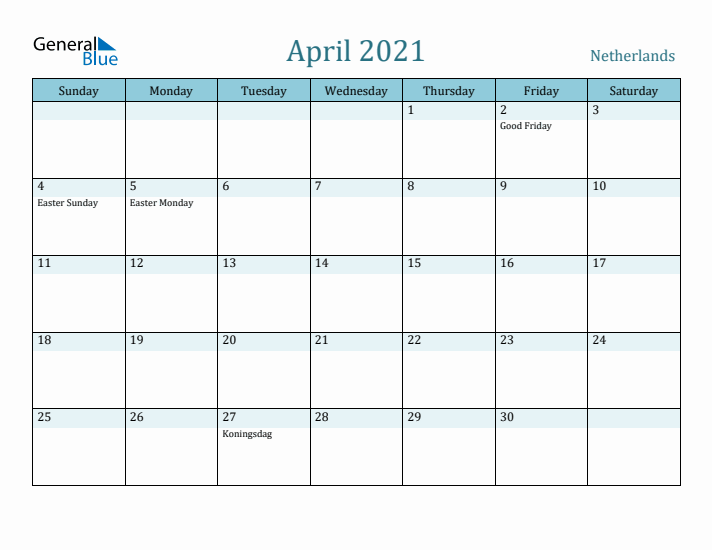 April 2021 Calendar with Holidays