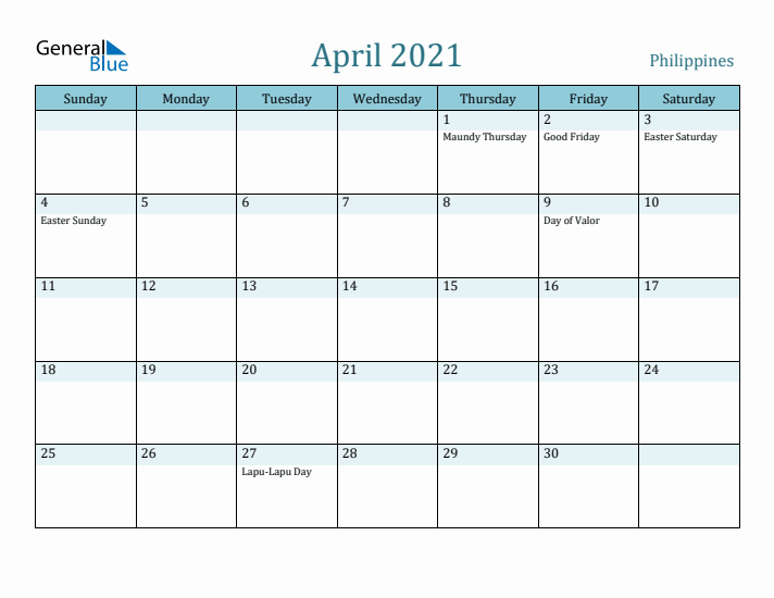 April 2021 Calendar with Holidays