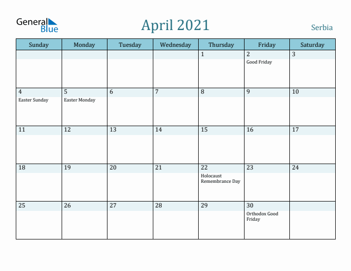 April 2021 Calendar with Holidays