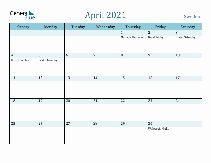 April 2021 Calendar with Holidays