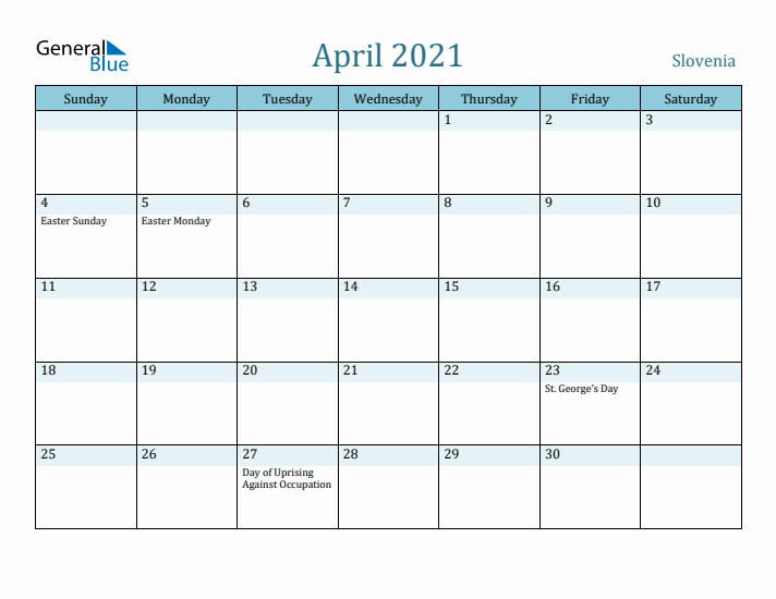 April 2021 Calendar with Holidays