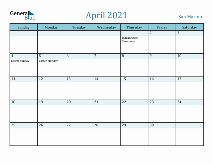 April 2021 Calendar with Holidays