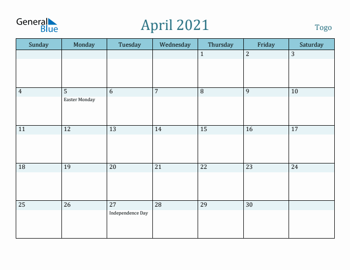 April 2021 Calendar with Holidays