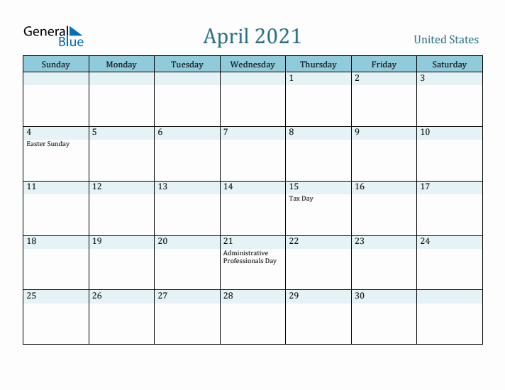 April 2021 Calendar with Holidays