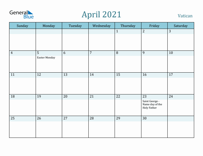 April 2021 Calendar with Holidays