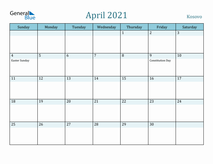 April 2021 Calendar with Holidays