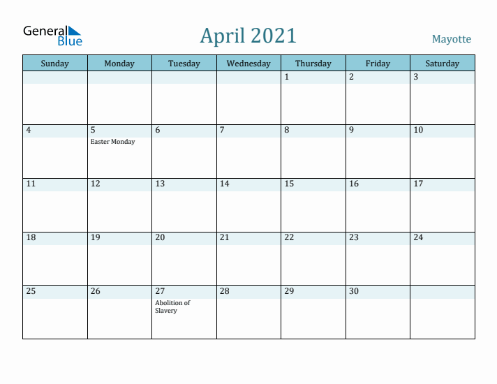 April 2021 Calendar with Holidays