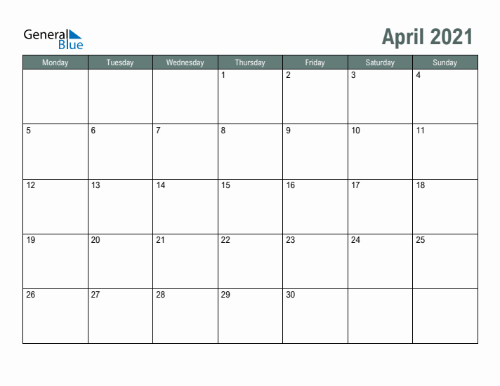 Free Printable April 2021 Calendar