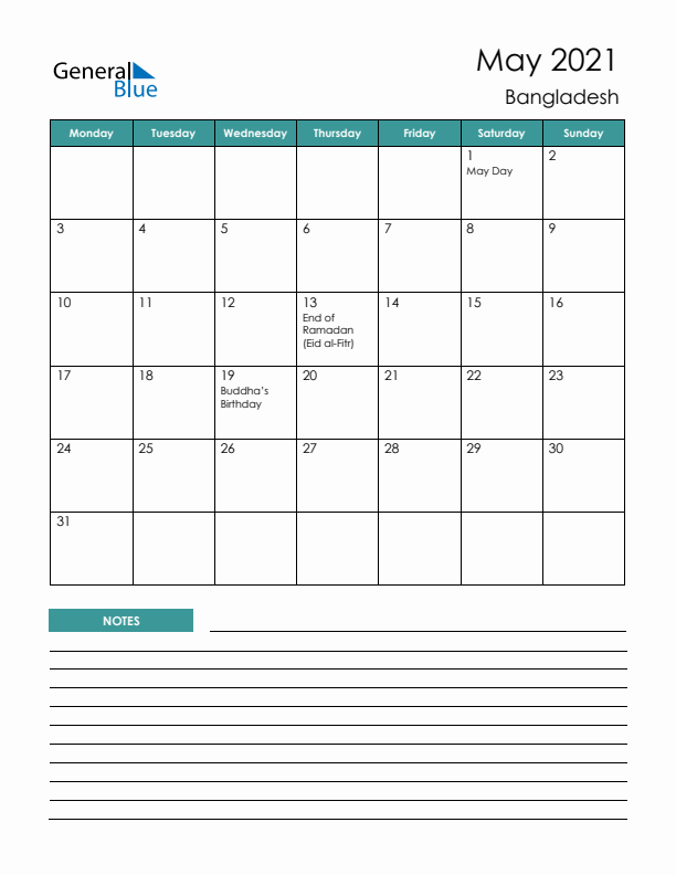 Calendar with Notes Printable - Monday Start