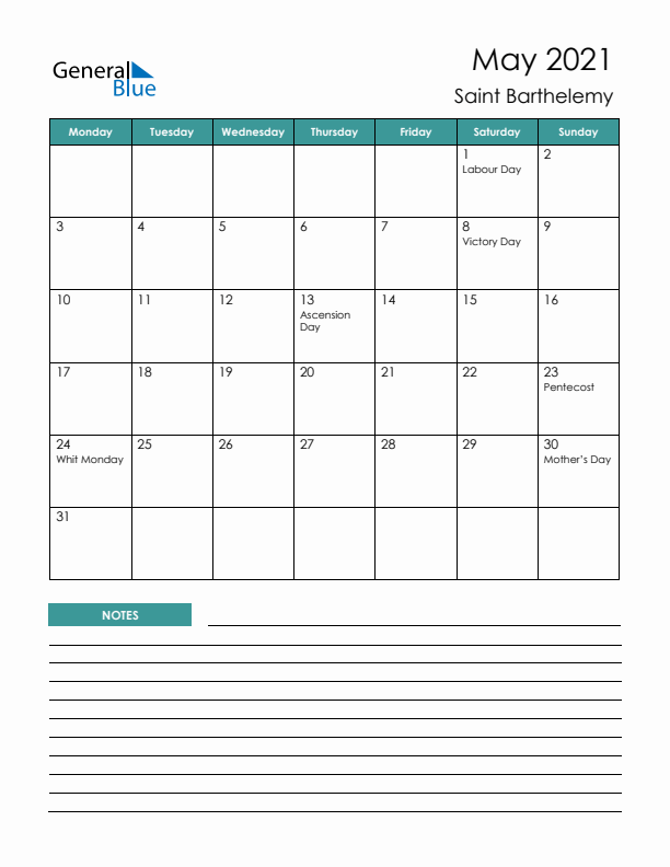 Calendar with Notes Printable - Monday Start