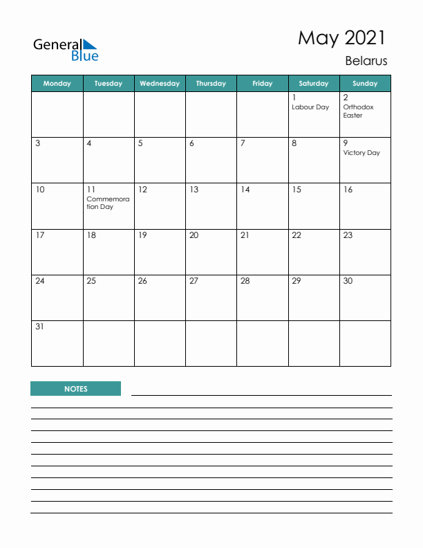 Calendar with Notes Printable - Monday Start