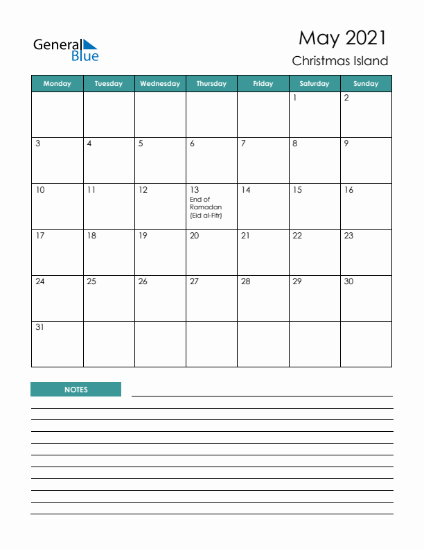 Calendar with Notes Printable - Monday Start