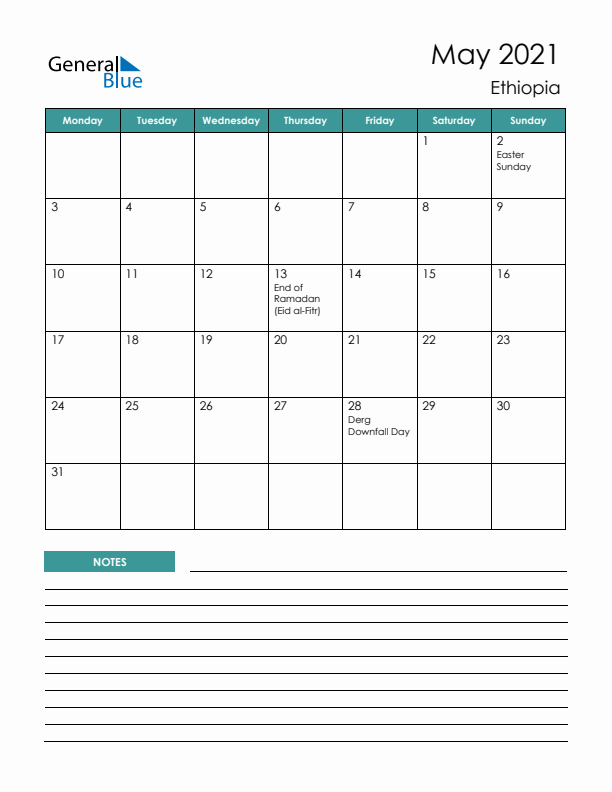 Calendar with Notes Printable - Monday Start