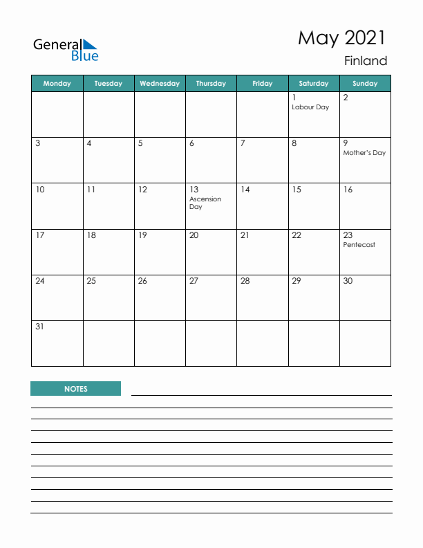 Calendar with Notes Printable - Monday Start