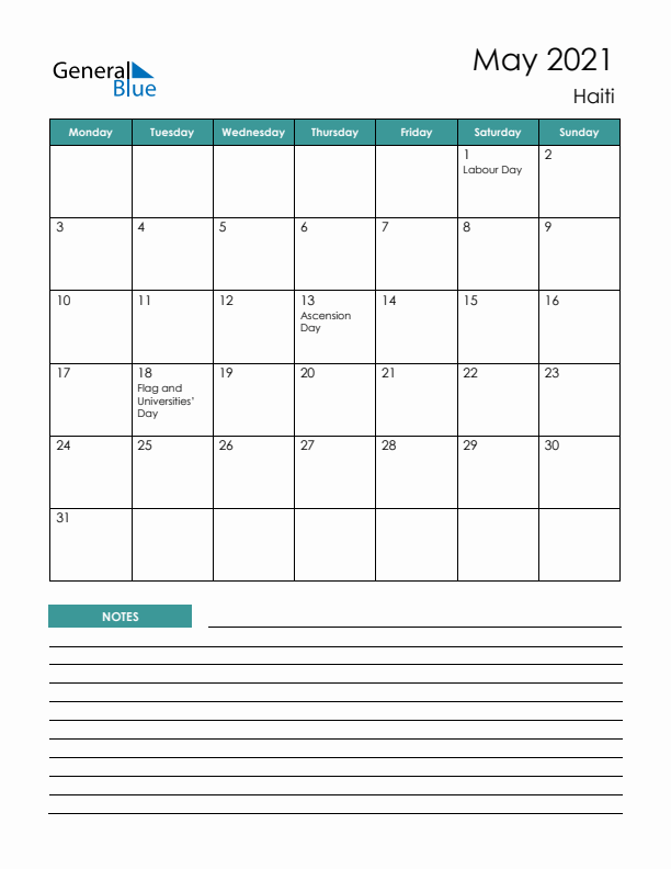 Calendar with Notes Printable - Monday Start