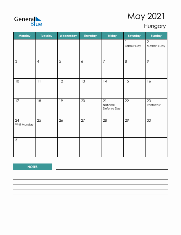 Calendar with Notes Printable - Monday Start