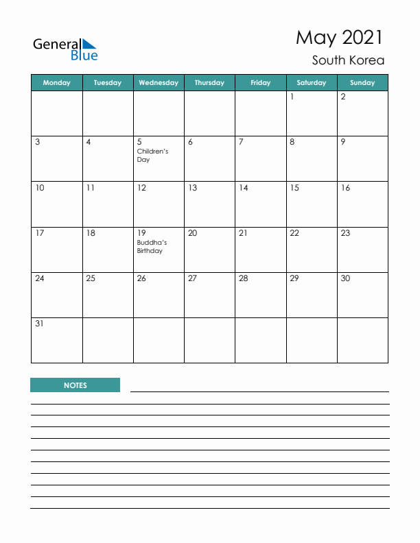 Calendar with Notes Printable - Monday Start