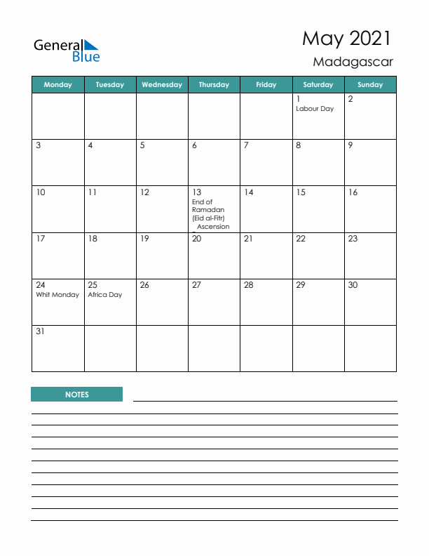 Calendar with Notes Printable - Monday Start