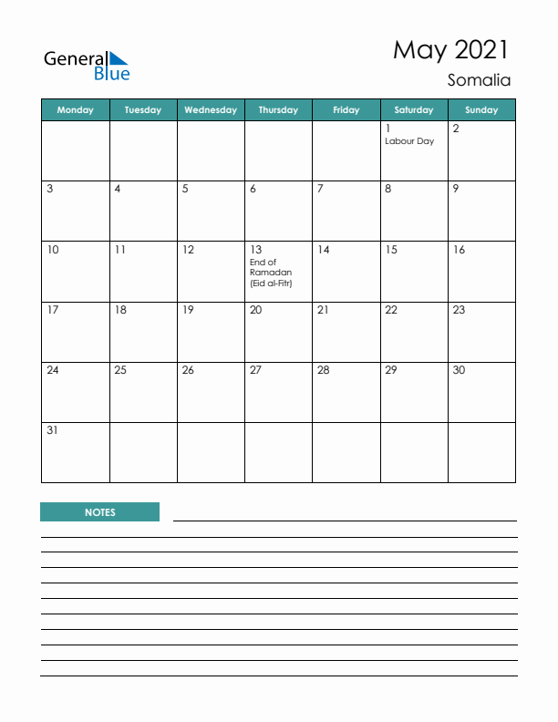 Calendar with Notes Printable - Monday Start