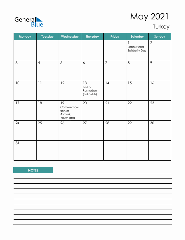 Calendar with Notes Printable - Monday Start