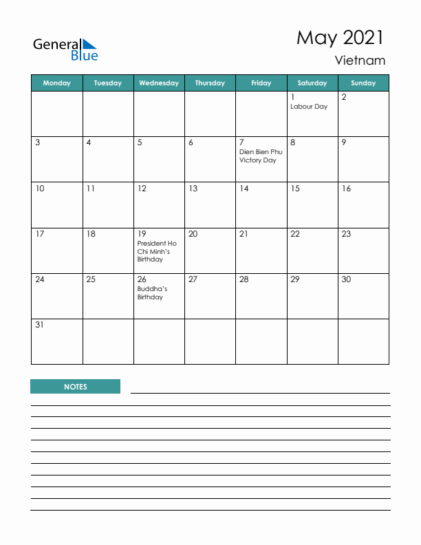 Calendar with Notes Printable - Monday Start