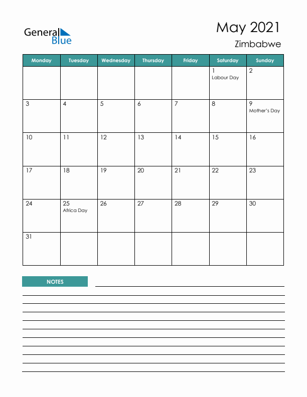 Calendar with Notes Printable - Monday Start