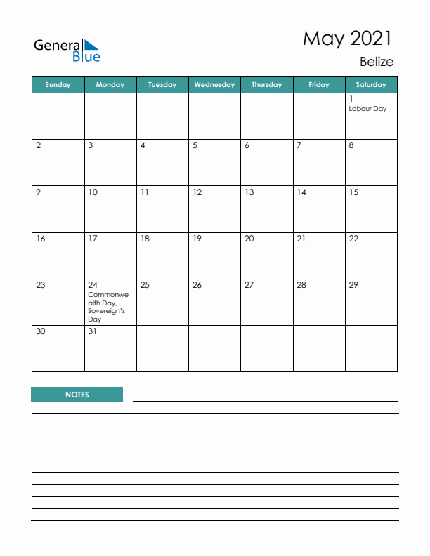 Calendar with Notes Printable - Sunday Start