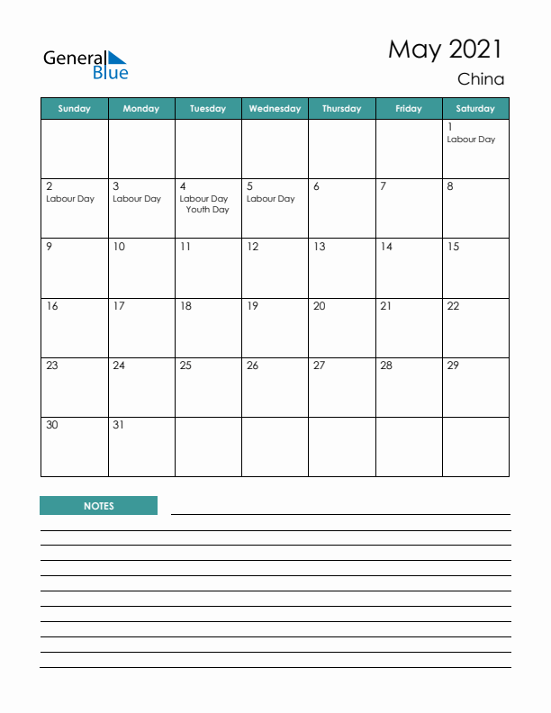 Calendar with Notes Printable - Sunday Start