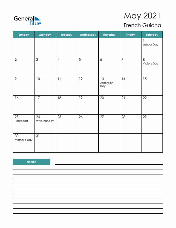 Calendar with Notes Printable - Sunday Start