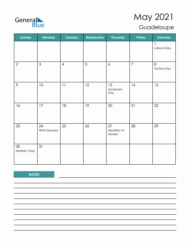 Calendar with Notes Printable - Sunday Start