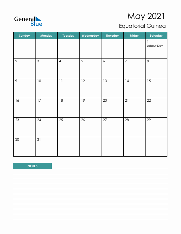 Calendar with Notes Printable - Sunday Start